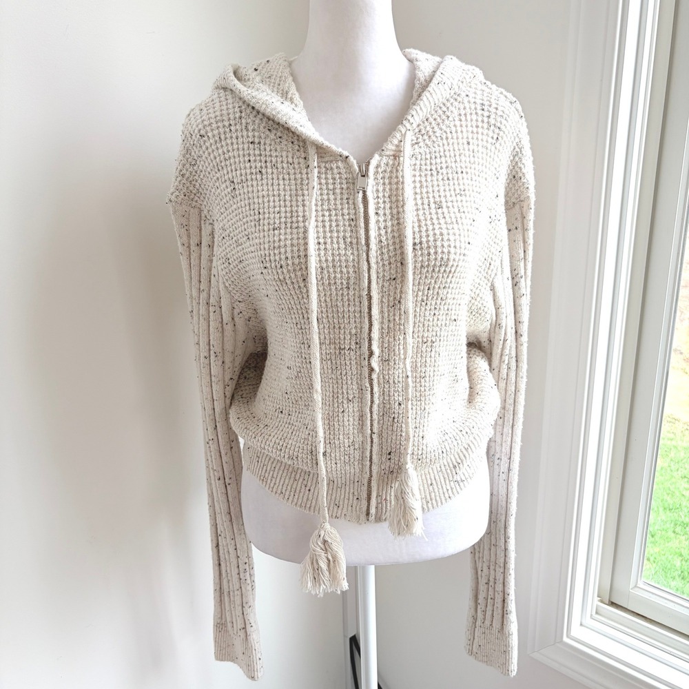 Miss Me NEW Zip Up Hoodie Large Y2K Oatmeal Speckled Waffle Knit Tassel 2000s